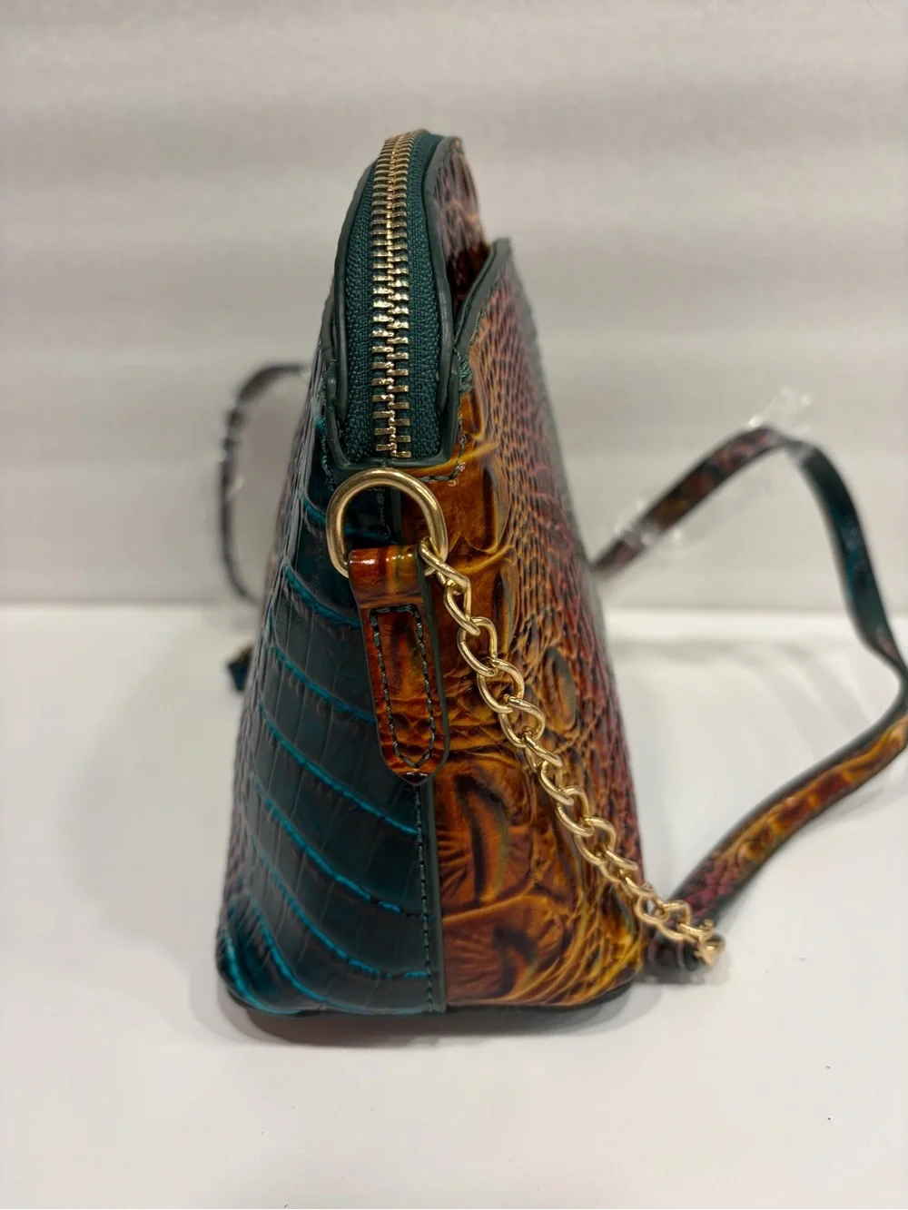 Fashion inspired Prismatic Croc-Embossed Multicolor Crossbody with Gold Chain